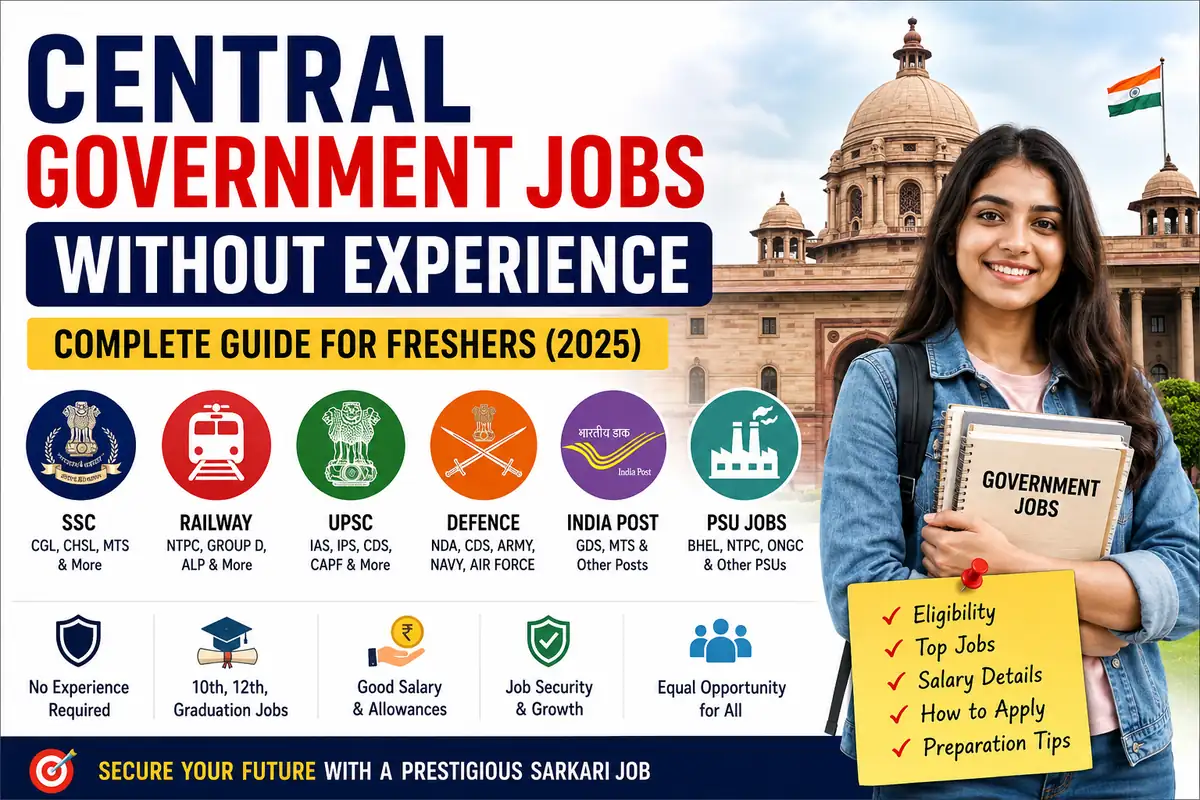 Central government jobs without experience — hero banner showing SSC, Railway, UPSC and PSU entry-level job categories for freshers in India 2026