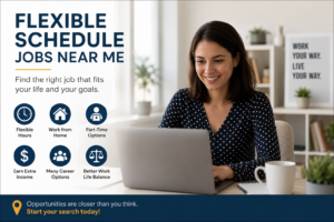 Professional woman working remotely on a laptop while exploring flexible schedule jobs near me, including work-from-home, part-time, and freelance opportunities.