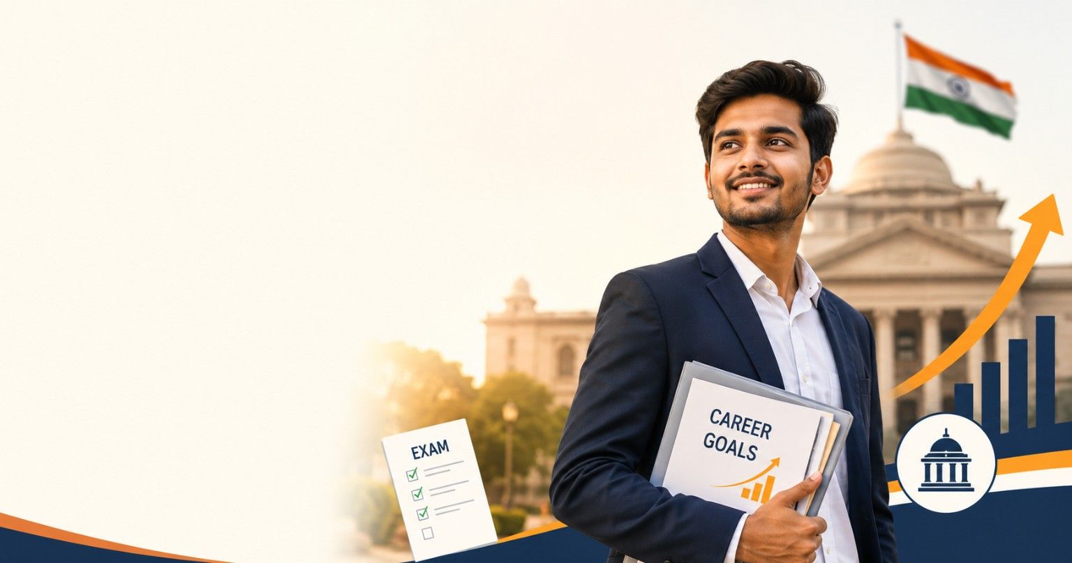Confident young Indian graduate in formal attire holding documents with a government building in the background, representing government jobs for fresh graduates with no experience in India.