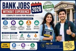 Bank jobs without experience 2026 for freshers showing IBPS Clerk, SBI Clerk, Bank Apprentice, PO, and RRB recruitment opportunities in India.
