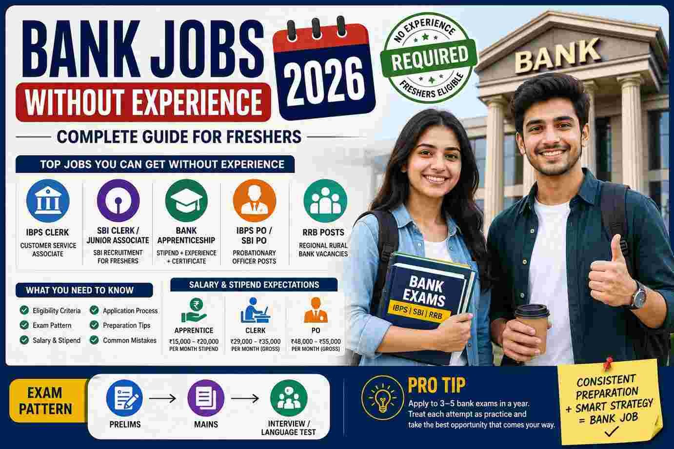 Bank jobs without experience 2026 for freshers showing IBPS Clerk, SBI Clerk, Bank Apprentice, PO, and RRB recruitment opportunities in India.