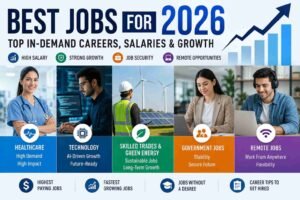 Infographic showing the best jobs for 2026, including healthcare, technology, cybersecurity, skilled trades, government careers, remote jobs, highest-paying professions, and fastest-growing occupations.