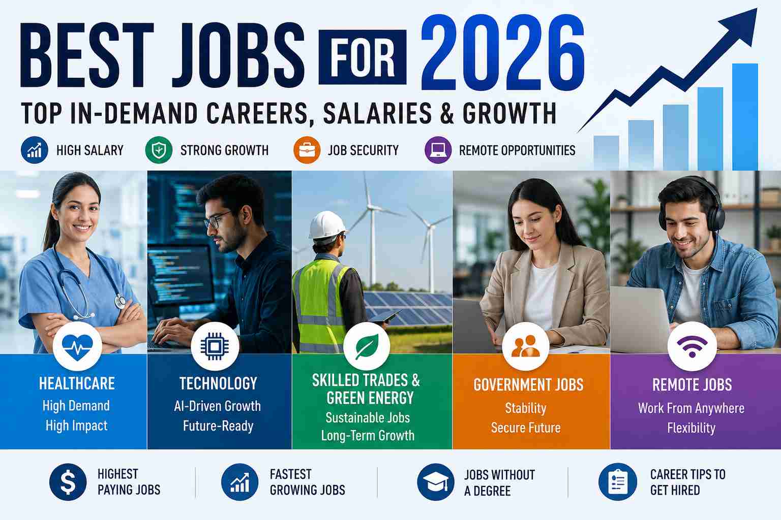 Infographic showing the best jobs for 2026, including healthcare, technology, cybersecurity, skilled trades, government careers, remote jobs, highest-paying professions, and fastest-growing occupations.