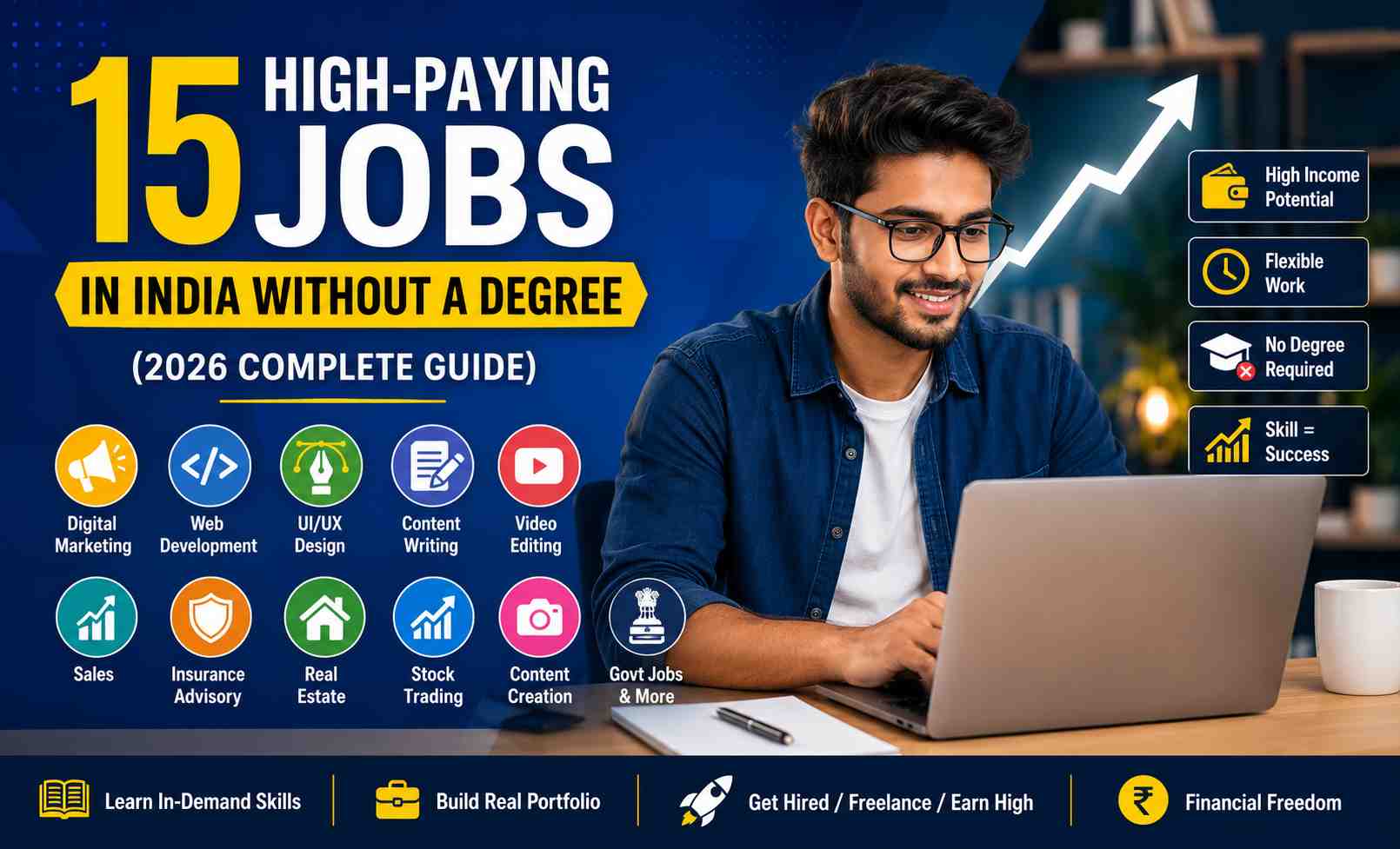 High paying jobs in India without a degree - young professional working on laptop