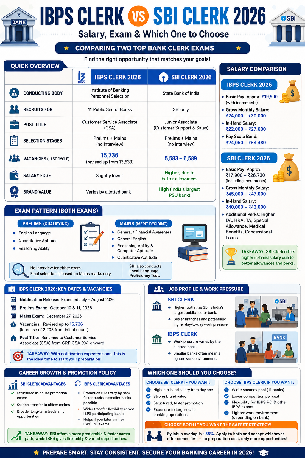 IBPS Clerk vs SBI Clerk 2026 salary and exam comparison chart
