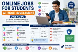 Student working on a laptop and mobile phone with infographic showing genuine online jobs for students without investment, daily payment opportunities, and work from home tips in 2026.