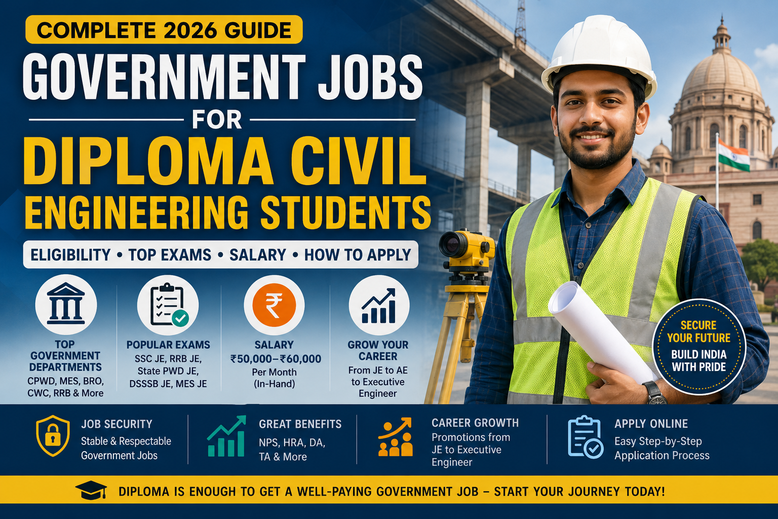 Government jobs for diploma civil engineering students 2026 – site engineer reviewing blueprint