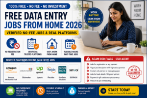 Woman working on free data entry jobs from home 2026 on a laptop with no registration fee