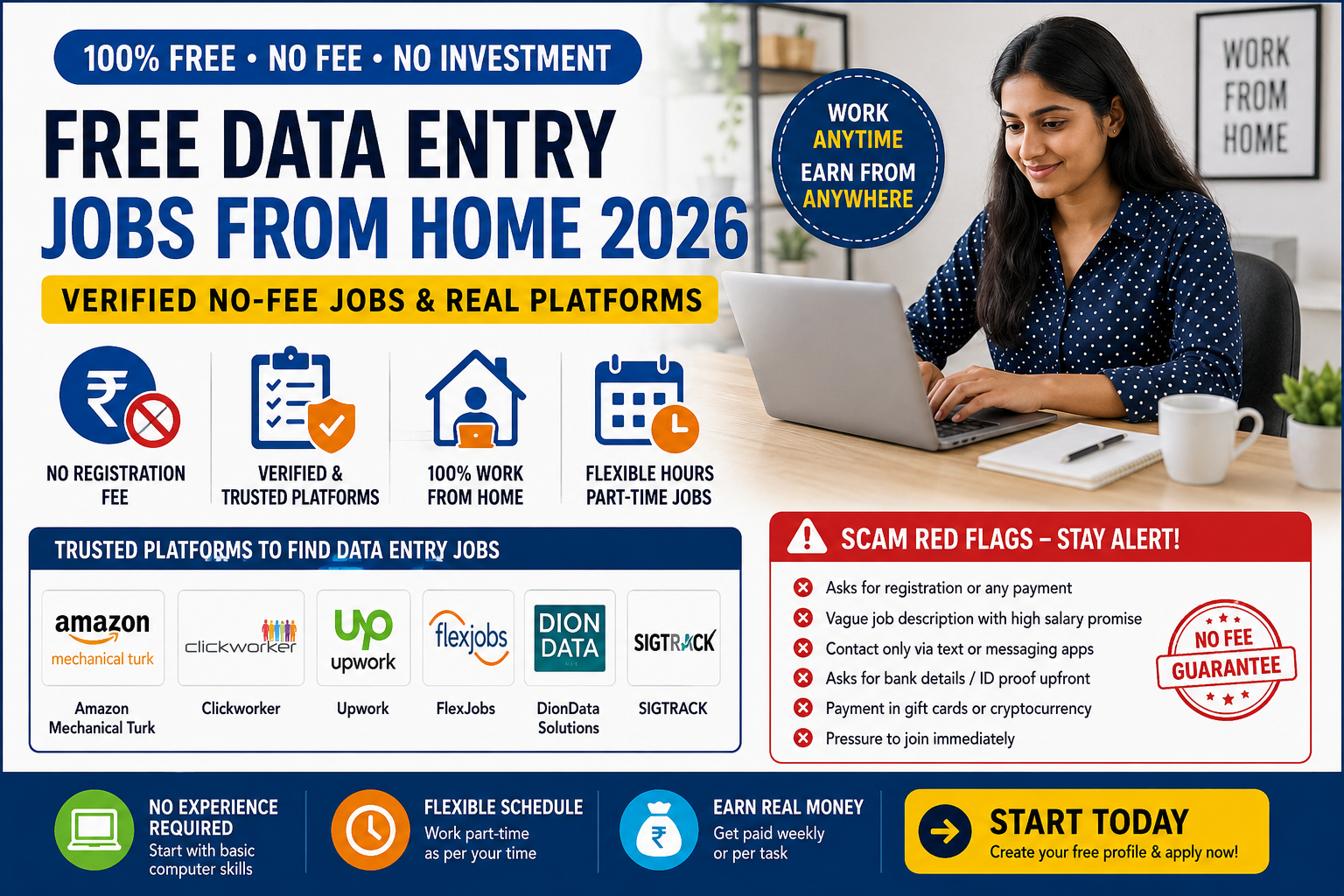 Woman working on free data entry jobs from home 2026 on a laptop with no registration fee
