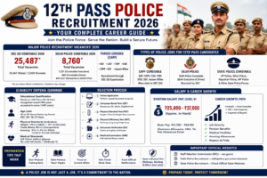 12th Pass Police Recruitment 2026 infographic showing SSC GD, Delhi Police, CAPF vacancies, eligibility, selection process, salary, and career growth in India.
