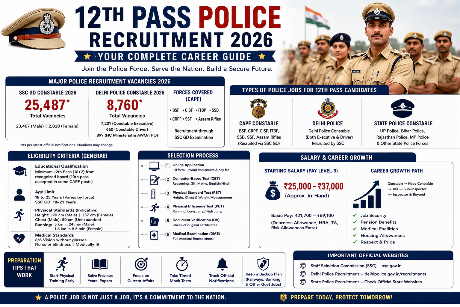 12th Pass Police Recruitment 2026 infographic showing SSC GD, Delhi Police, CAPF vacancies, eligibility, selection process, salary, and career growth in India.