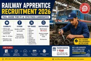 Railway Apprentice Recruitment 2026 infographic showing eligibility for 10th pass and ITI candidates, stipend, top trades, merit-based selection, and application process.