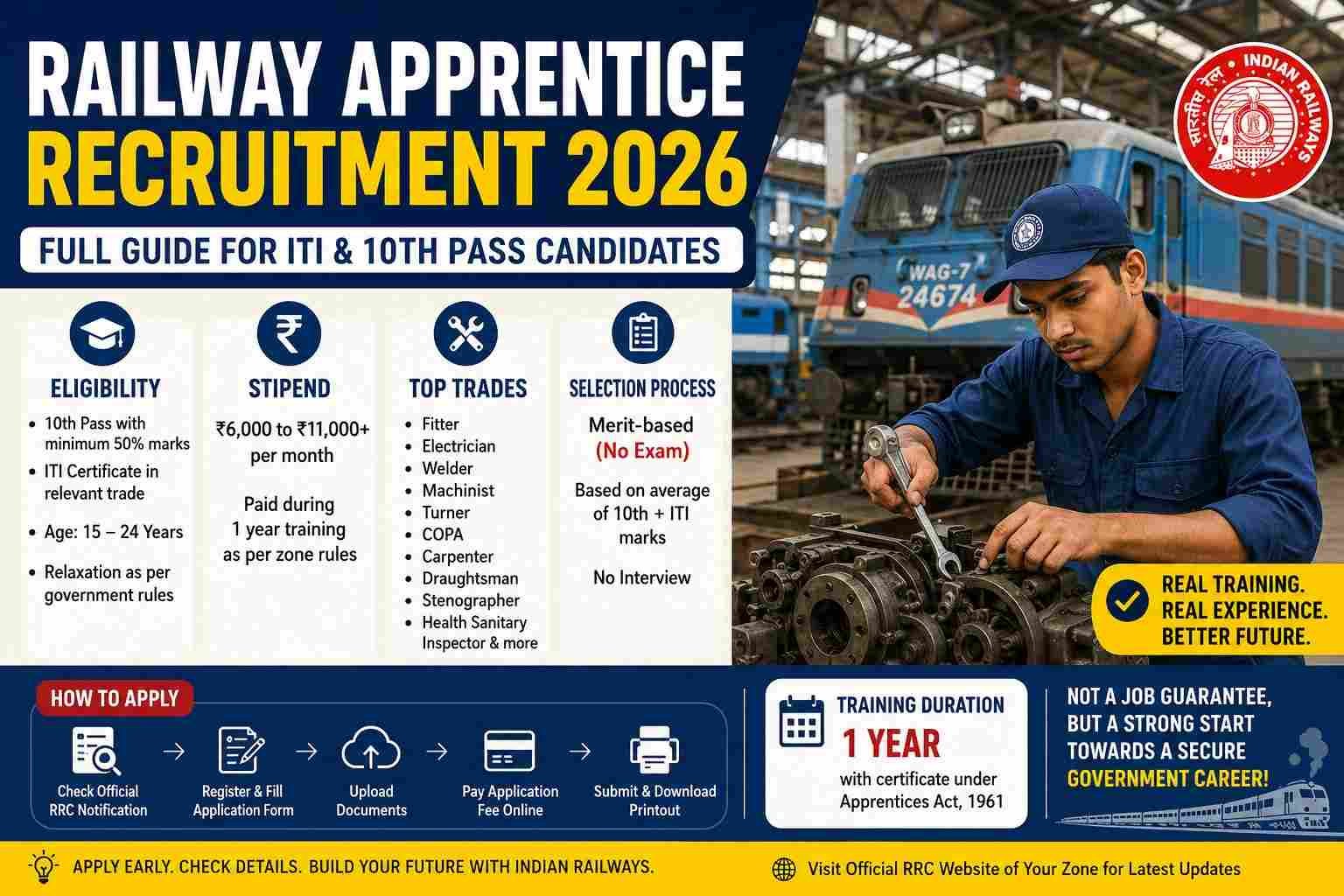 Railway Apprentice Recruitment 2026 infographic showing eligibility for 10th pass and ITI candidates, stipend, top trades, merit-based selection, and application process.