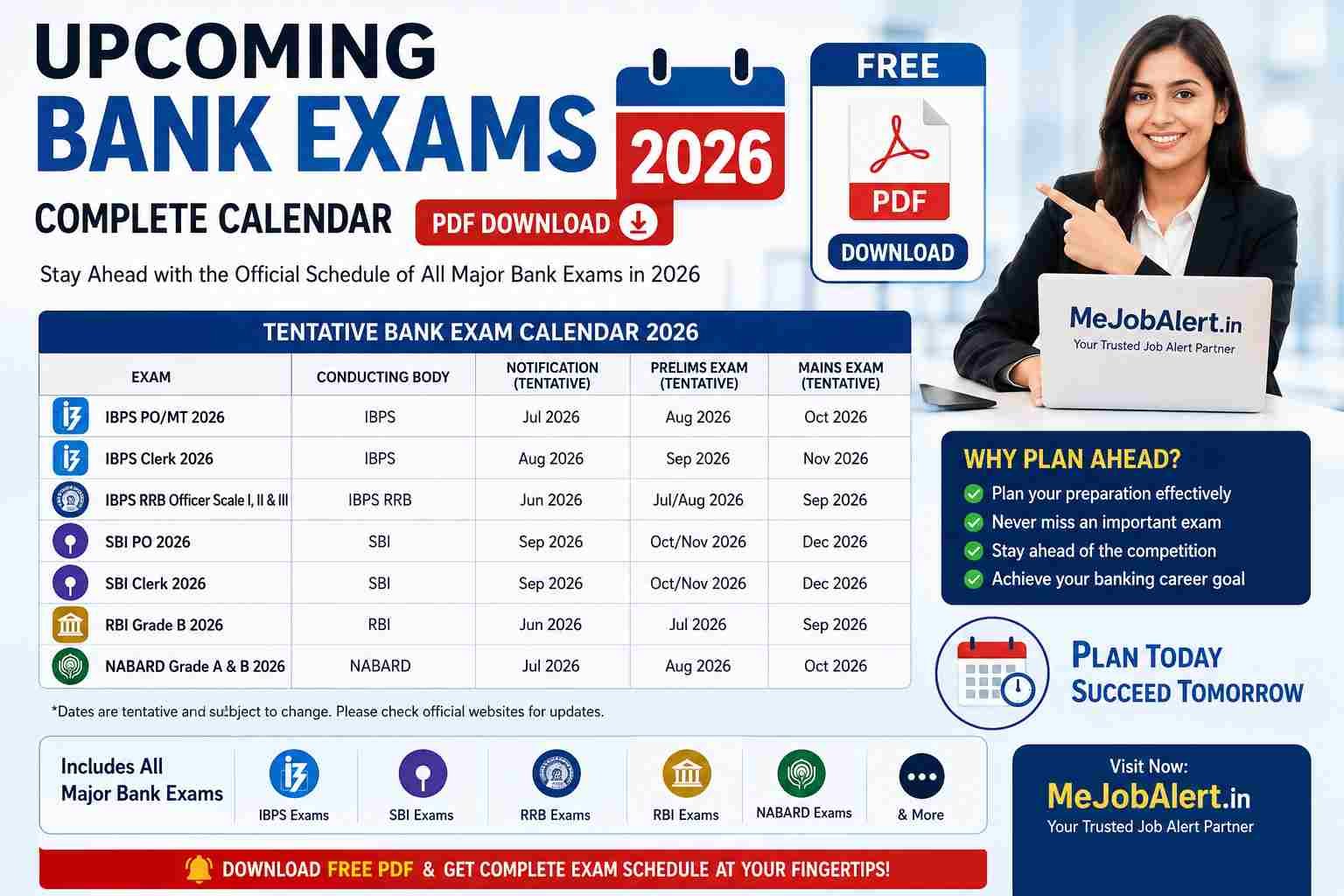 Upcoming bank exams calendar 2026 PDF showing IBPS SBI exam dates
